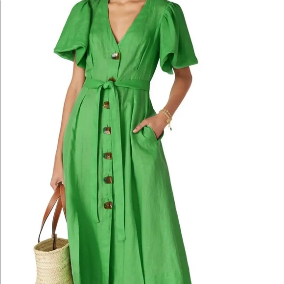 NICHOLAS Troy Dress Green Linen Midi Button Front Puff Sleeves US 4 Small - Picture 10 of 16